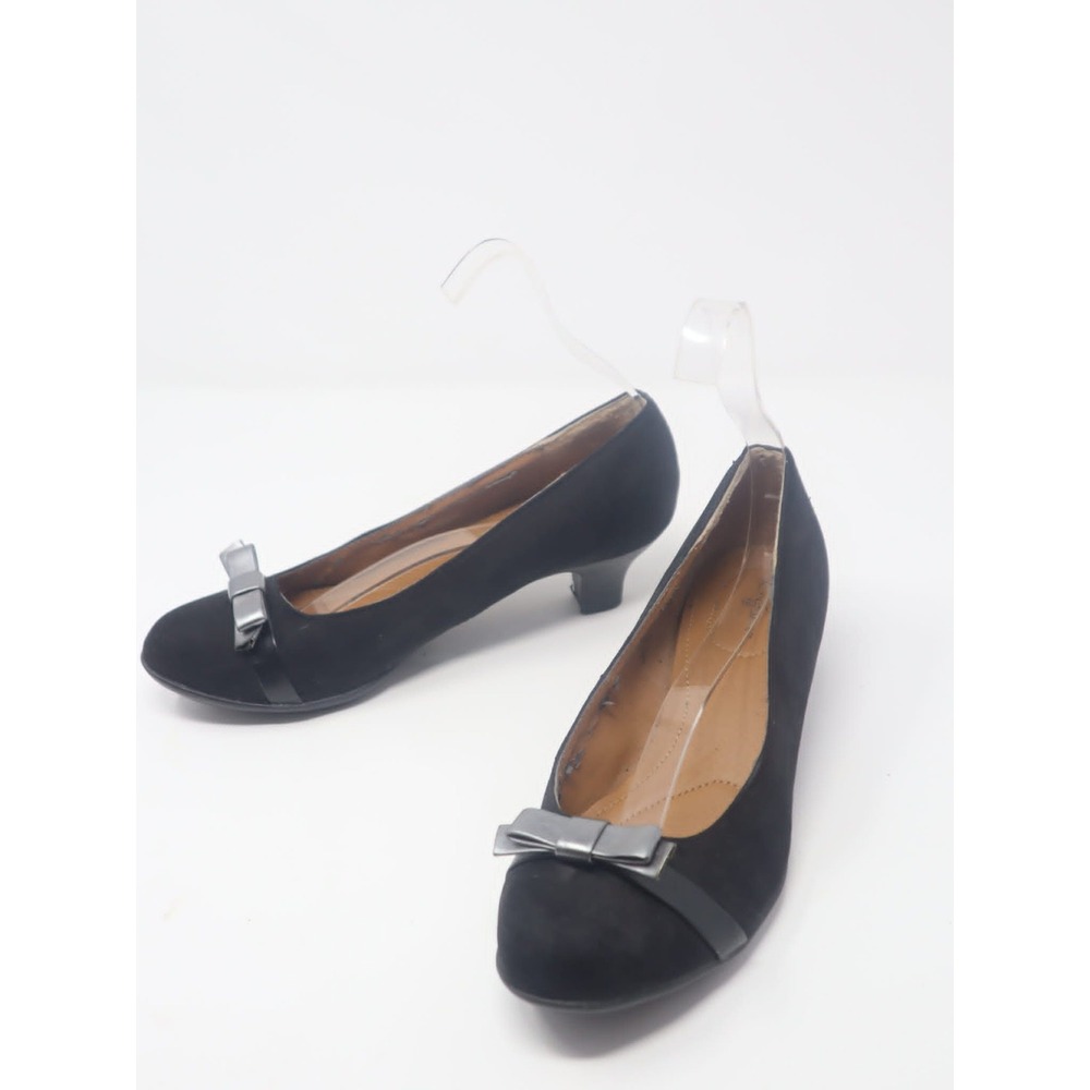 *FLAWED* Black Kitten Heels 6 Jaclyn Smith Womens Bow Accent Faux Suede Pumps